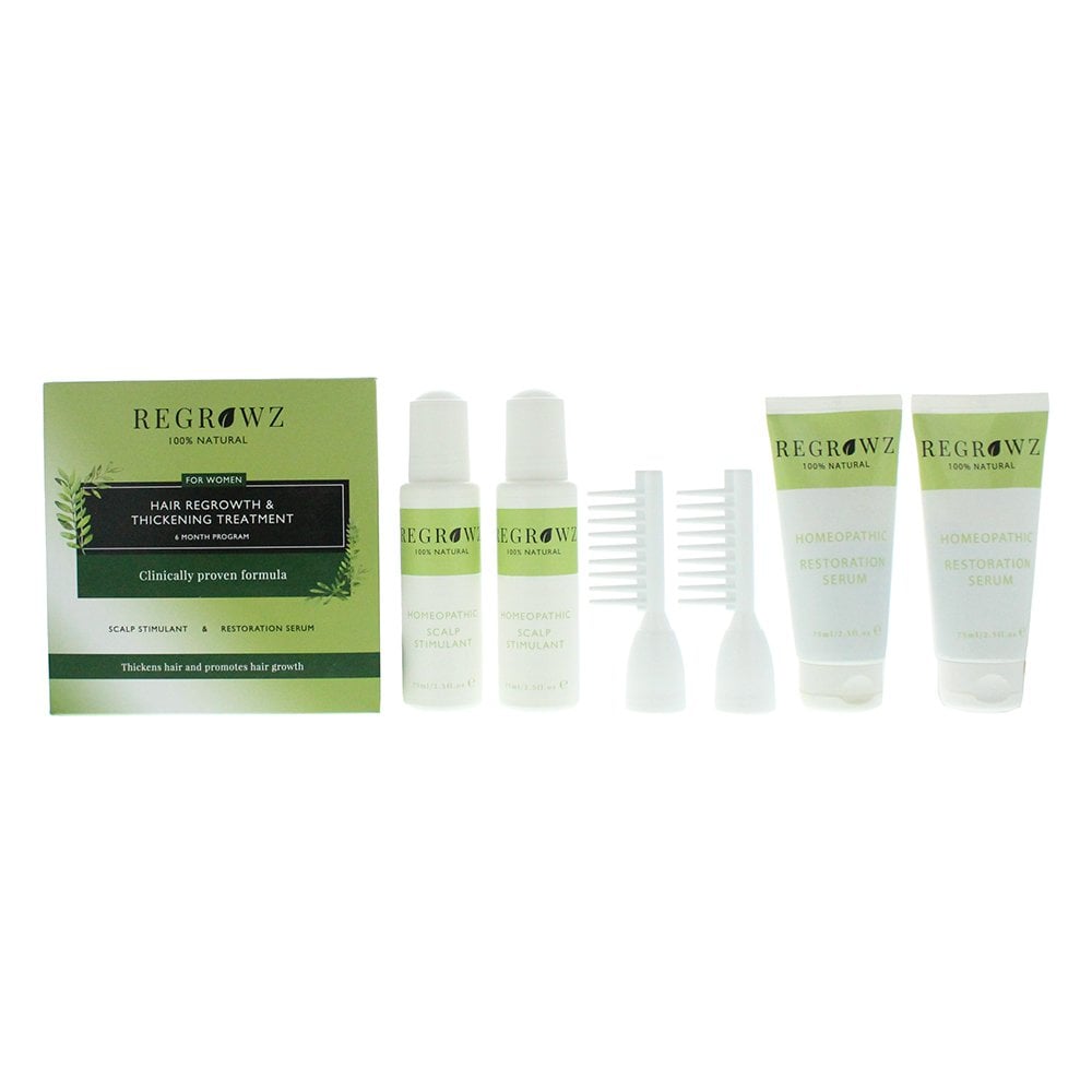 REGROWZ Regrowz Hair Regrowth And Thickening Treatment Six Month Program For Women - Scalp Stimulant 2 X 75ml - Restoration Serum 2 X 75ml - Comb X 2 -