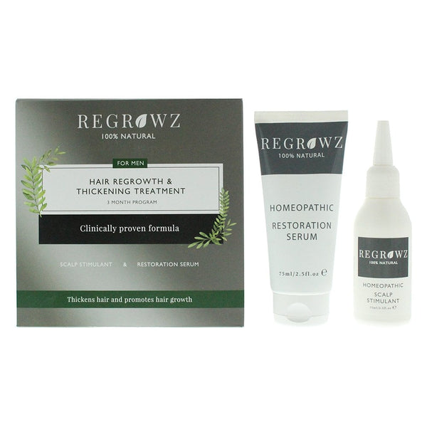 Regrowz Regrowz Hair Regrowth & Thickening Treatment Three Month Program For Men - Scalp Stimulant 75ml - Restoration Serum 75ml - Comb - Serum