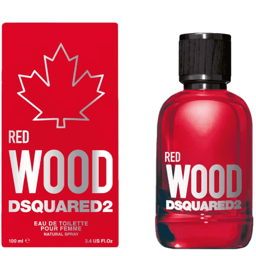DSquared2 Red Wood Eau de Toilette bottle and packaging box, featuring a vibrant red color with white and black text and a maple leaf graphic, set against a plain white background.