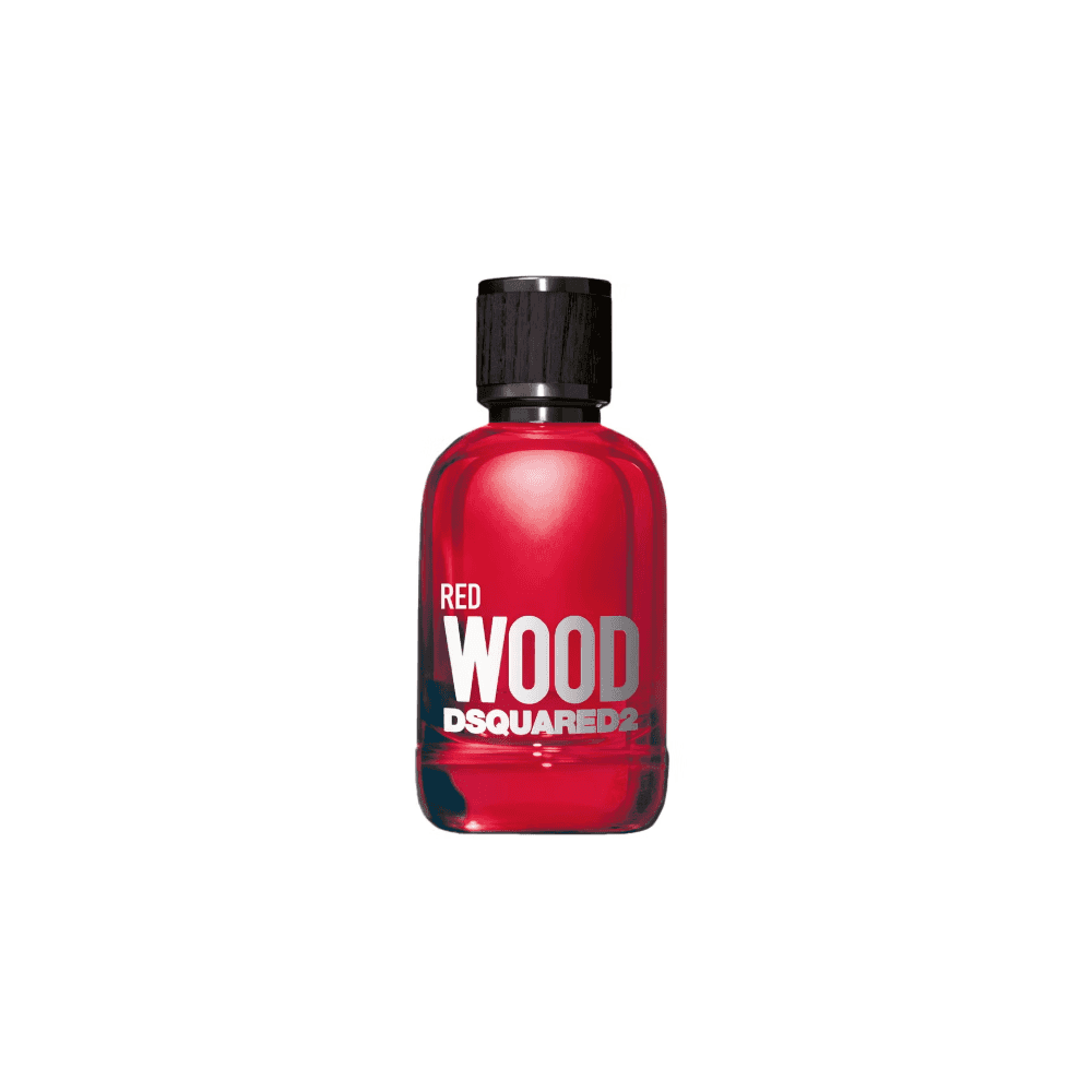 A bottle of Dsquared2 Red Wood Eau de Toilette spray, featuring a translucent red bottle with a black cap and bold white and black lettering on the front, set against a plain white background.