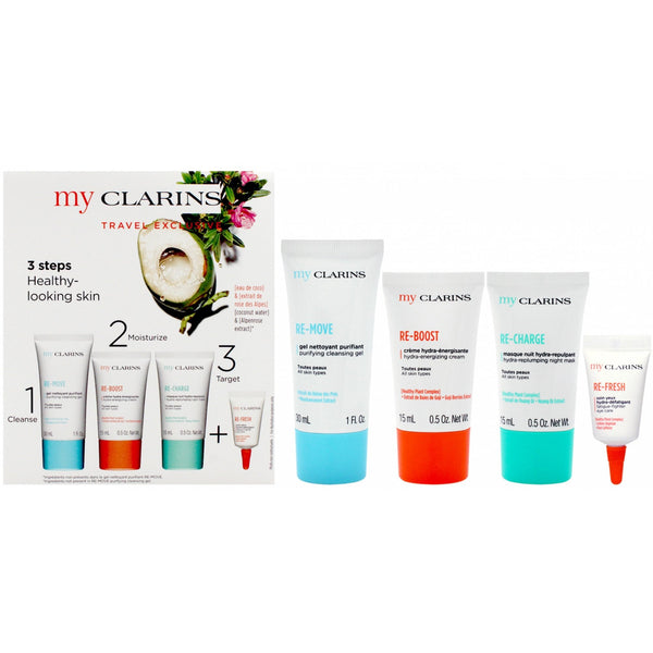 Clarins Clarins Grab And Go Set 30ml Cleansing Gel + 15ml Reboost Cream + 15ml Recharge Mask + 3ml Eye Treatment - Health & Beauty > Personal Care > Cosmetics > Cosmetic Sets