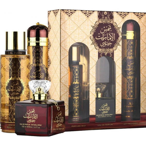 Ard Al Zaafaran Shams Al Emarat Khususi Gift Set: EDP 100ml - Perfume Mist 250ml - Air Freshener 300ml