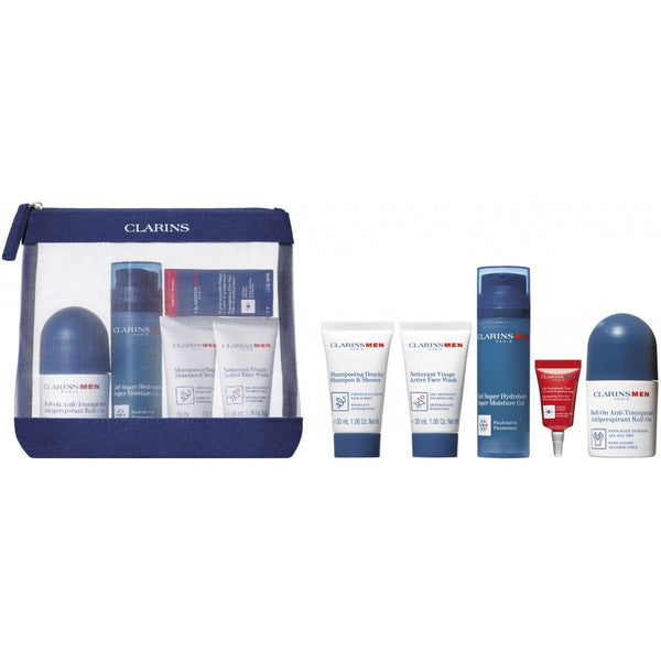 Clarins Mens Set: Super Moisture Gel 50ml + Deodorant Roll On 50ml + Shampoo And Shower Gel 30ml + Active Face Wash 30ml + Eye Serum 3ml