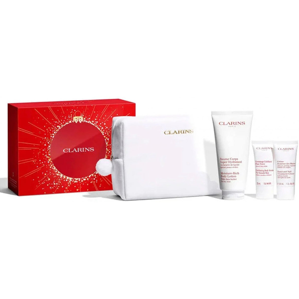 Clarins Body Care Set: Rich Body Lotion 200ml + Hand And Nail Treatment Cream 30ml + Body Scrub 30ml