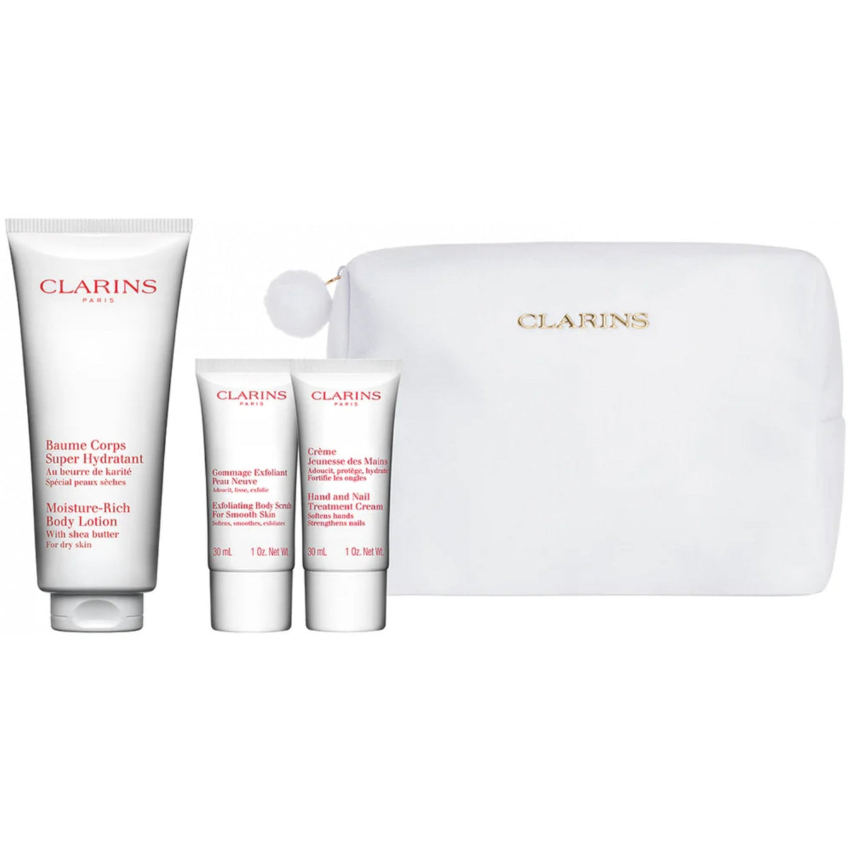 Clarins Body Care Set: Rich Body Lotion 200ml + Hand And Nail Treatment Cream 30ml + Body Scrub 30ml