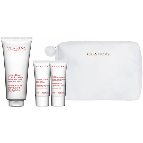 Clarins Body Care Set: Rich Body Lotion 200ml + Hand And Nail Treatment Cream 30ml + Body Scrub 30ml