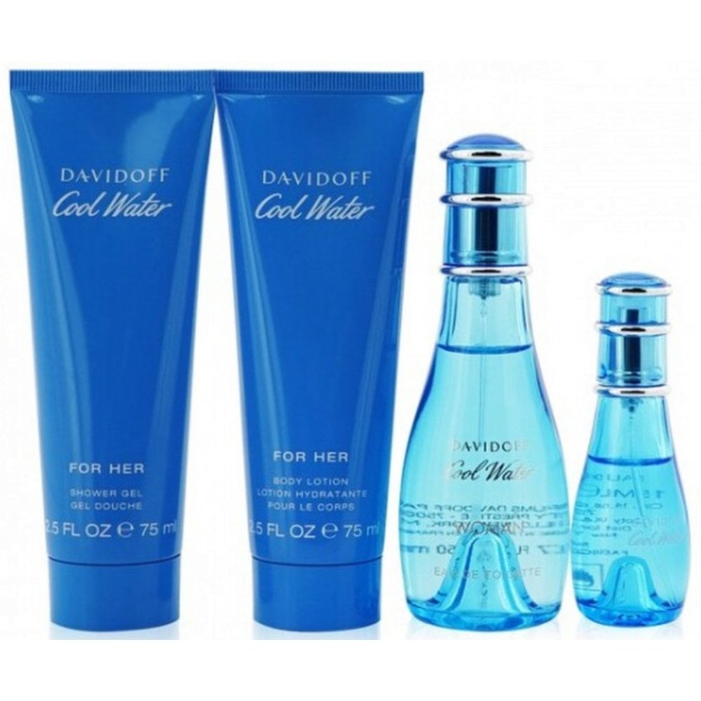 Davidoff Cool Water Woman Gift Set 50ml EDT Spray + Eau de Toilette 15ml + Body Lotion 75ml + Shower Gel 75ml