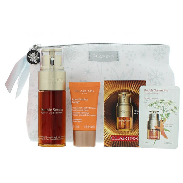 Clarins Energizing & Glow Gift Set: Double Serum 50ml - Day Cream 15ml - Double  Eye Serum 7 x 09ml - Pouch