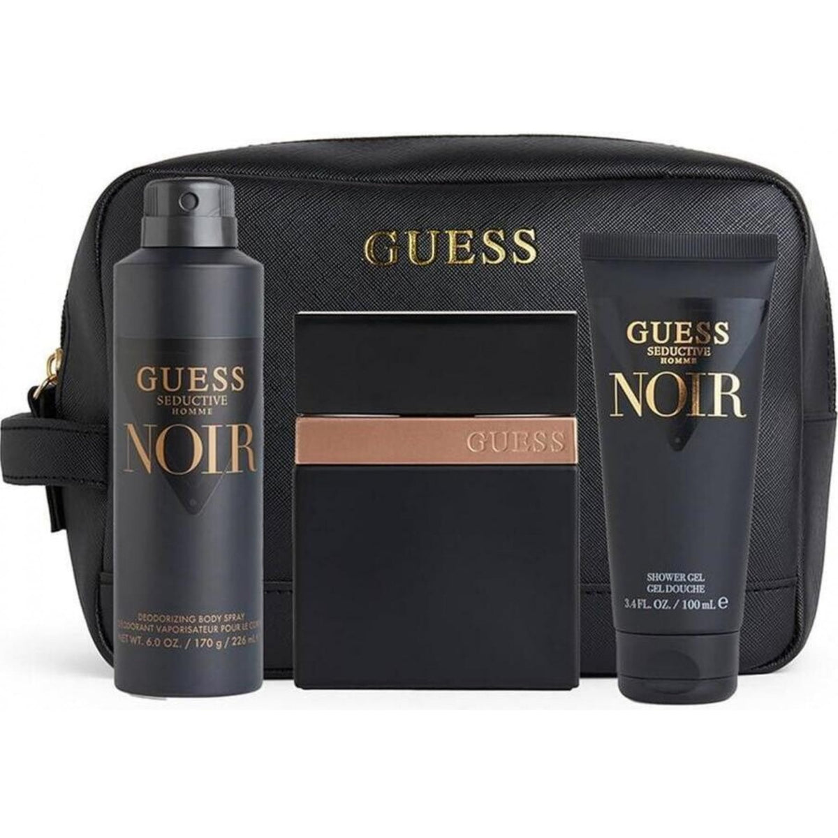 Guess Seductive Homme Noir Gift Set 100ml EDT Spray + SG 100ml + Body Spray 170g + Pouch