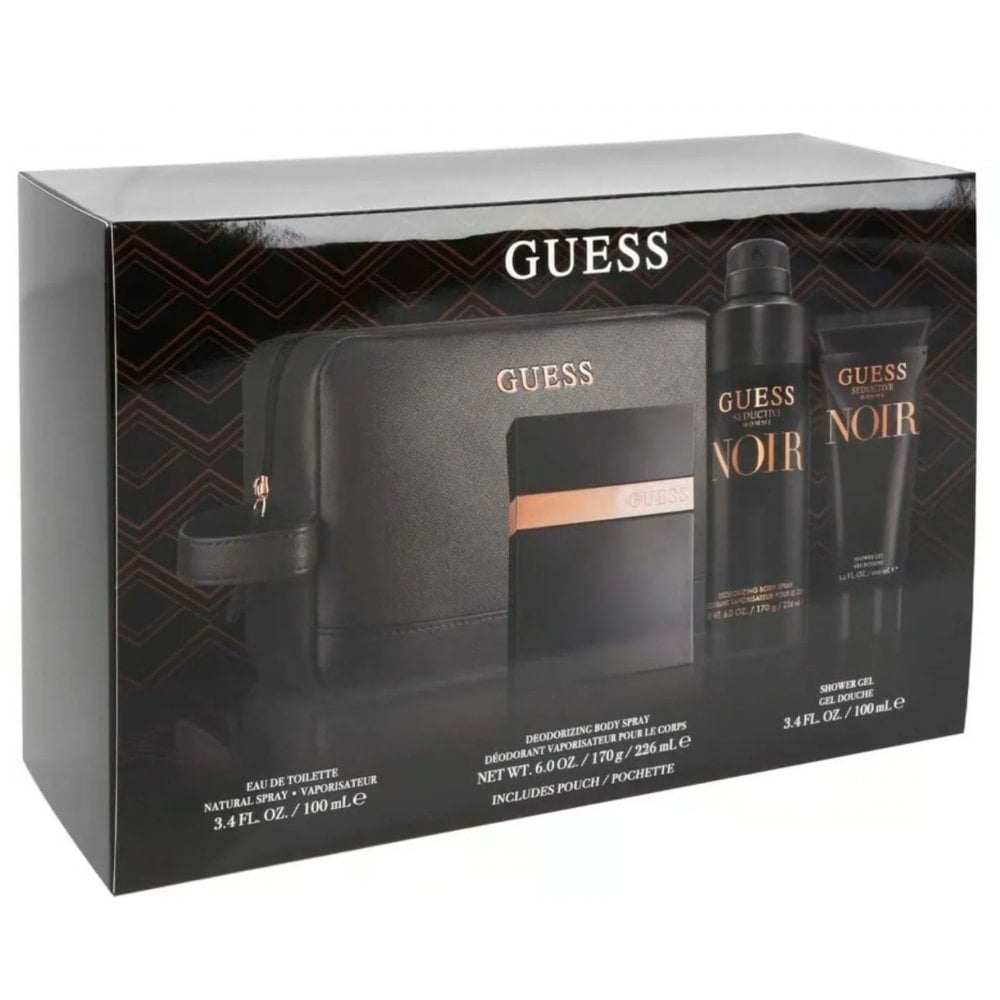 Guess Seductive Homme Noir Gift Set 100ml EDT Spray + SG 100ml + Body Spray 170g + Pouch