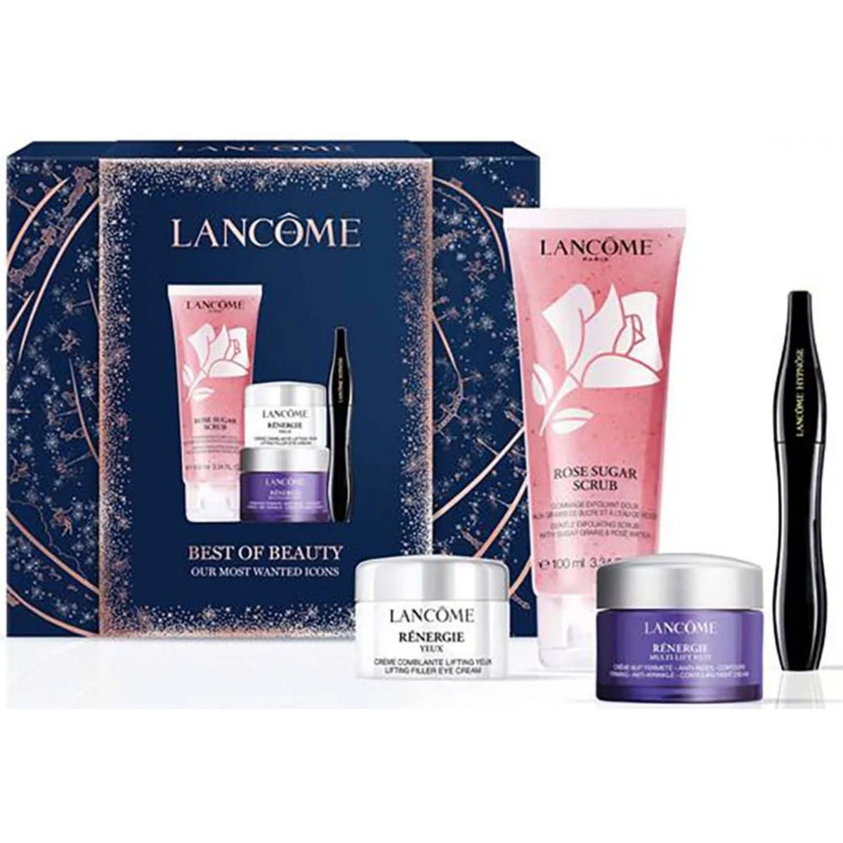 Lancome Renergie Set: Eye Cream 5ml + Multi-Lift Night Cream 15ml + Rose Scrub 100ml + HypnÃ´se Mascara 01 Noir