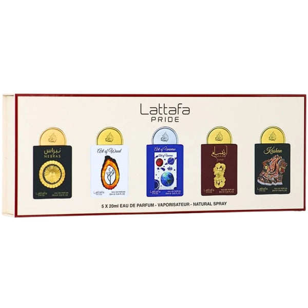 Lattafa Pride Gift Set: Nebras 20ml - Art of Wood 20ml - Art of Universe 20ml - Ansaam Gold 20ml - (Hala 20ml)