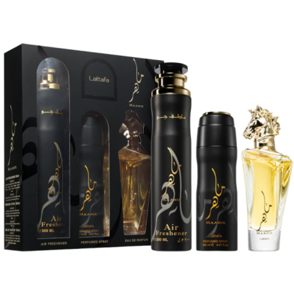 Lattafa Maahir Gift Set: EDP 100ml - Air Freshener 300ml - Perfumed Body Spray 200ml
