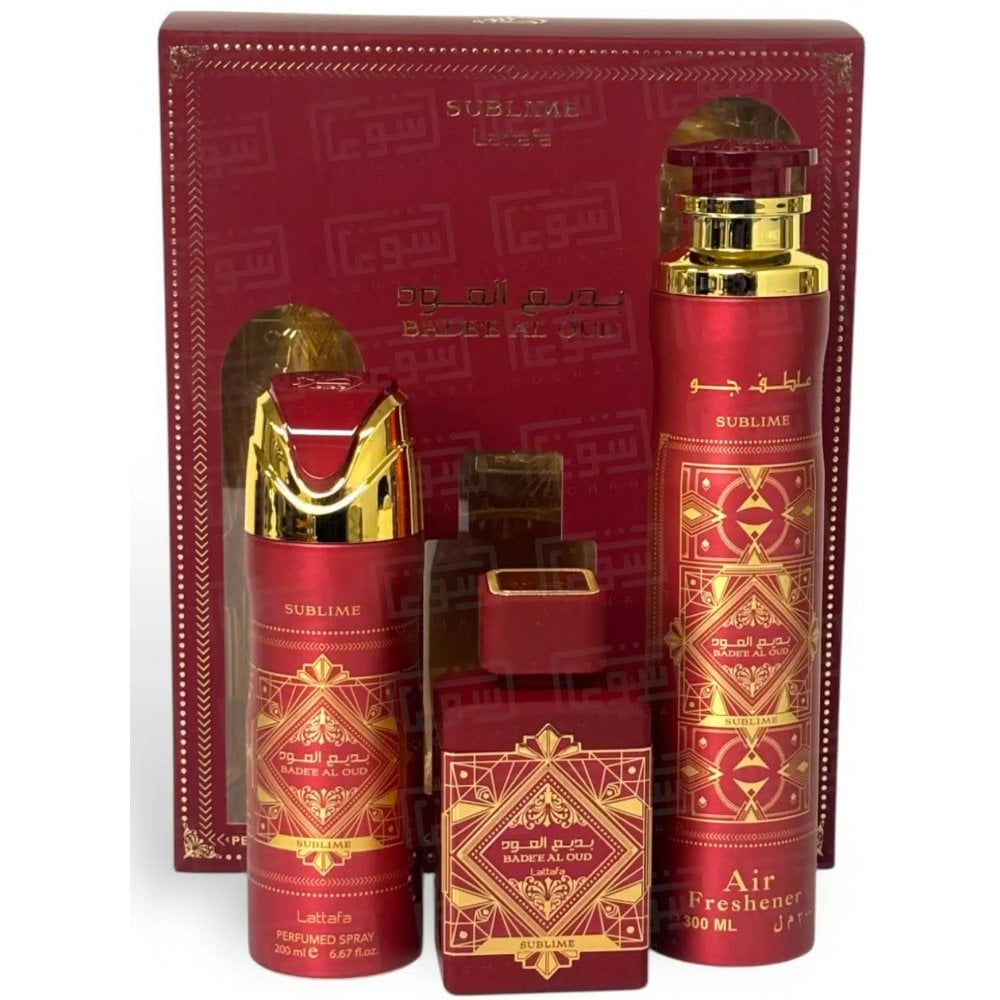 Lattafa Bade'e Al Oud Sublime Gift Set: EDP 100ml - Air Freshener 300ml - Perfumed Body Spray 200ml