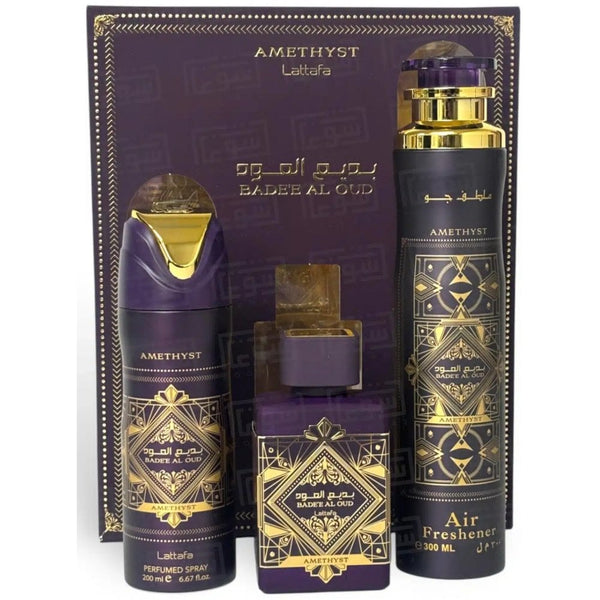 Lattafa Bade'e Al Oud Amethyst Gift Set: EDP 100ml - Air Freshener 300ml - Perfumed Spray 200ml