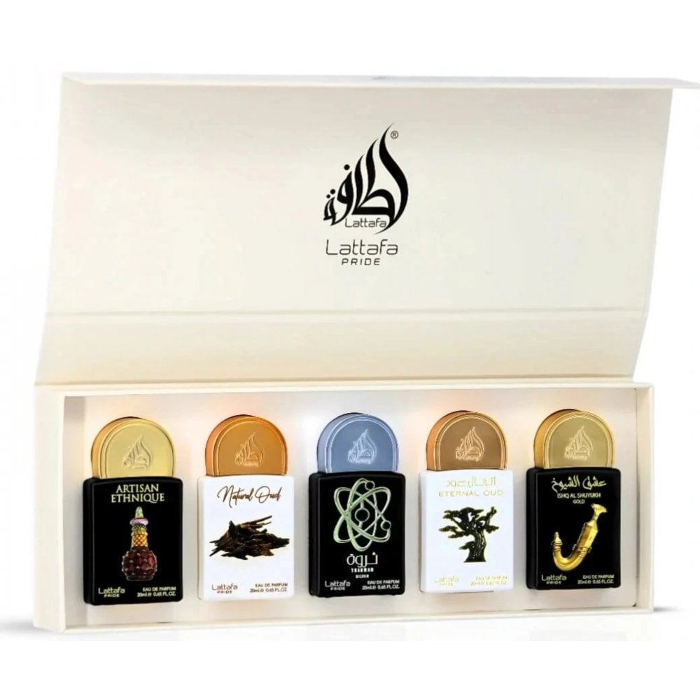 Lattafa Pride Gift Set: Artisan Ethnique 20ml - Natural Oud 20ml - Tharwah Silver 20ml - Eternal Oud 20ml - (Ishq Al Shuyukh 20ml)