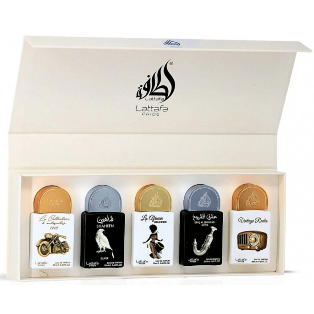 Lattafa Pride Gift Set: Art of Arabia III 20ml - Ajwaa 20ml - Al Qiam Gold 20ml - Masa 20ml - (Sheikh Al Shuyukh 20ml)