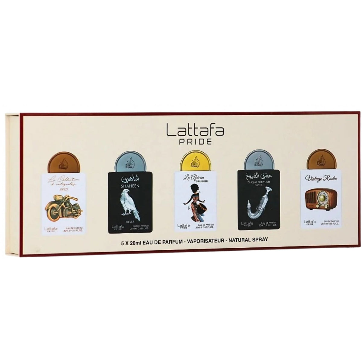 Lattafa Giftset Collection 5 x 20ml (Shaheen Silver, La Collection D'Antiquites 1910, Vintage Radio, Ishq Al Shuyukh Silver, La African Drummer)