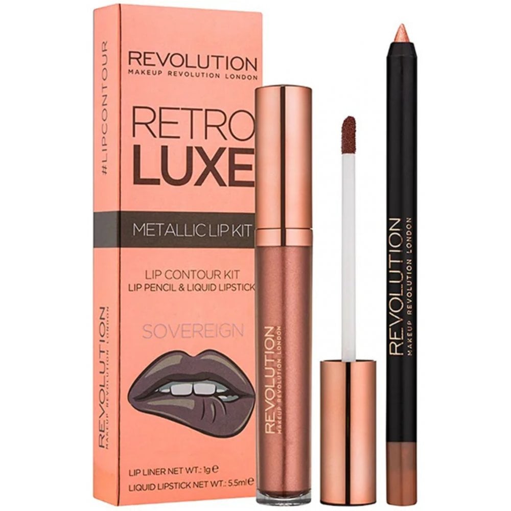 Revolution Retro Luxe Metallic Lip Kit Sovereign Lip Liner 1g & Liquid Lipstick 5.5ml