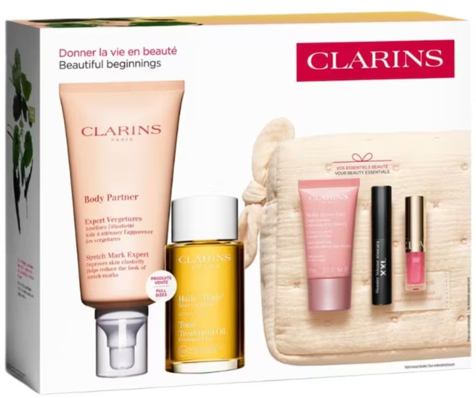 Clarins Gift Set Stretch Mark Cream 175ml + Tonic Treatment Oil 100ml + Day Cream 15ml + Mascara 3ml + Lip Oil 1.4ml + Pouch