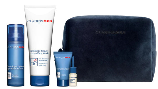 Clarins Men Gift Set Super Moisture Balm 50ml + Foaming Gel 125ml + Super Moisture Balm 12ml + Shave Oil 3ml