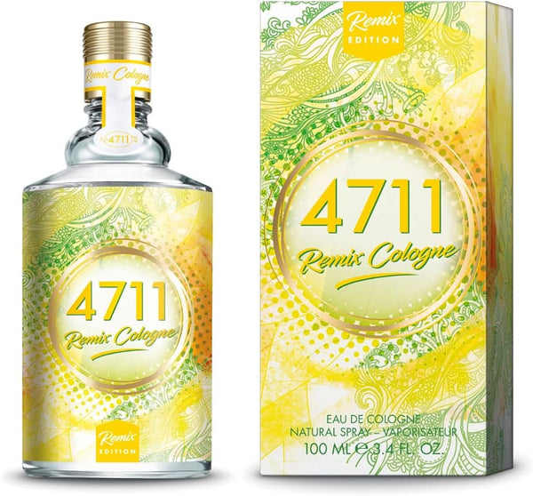 A bottle and box of Remix Cologne 4711, featuring a yellow and green paisley pattern with gold lettering on a white background.