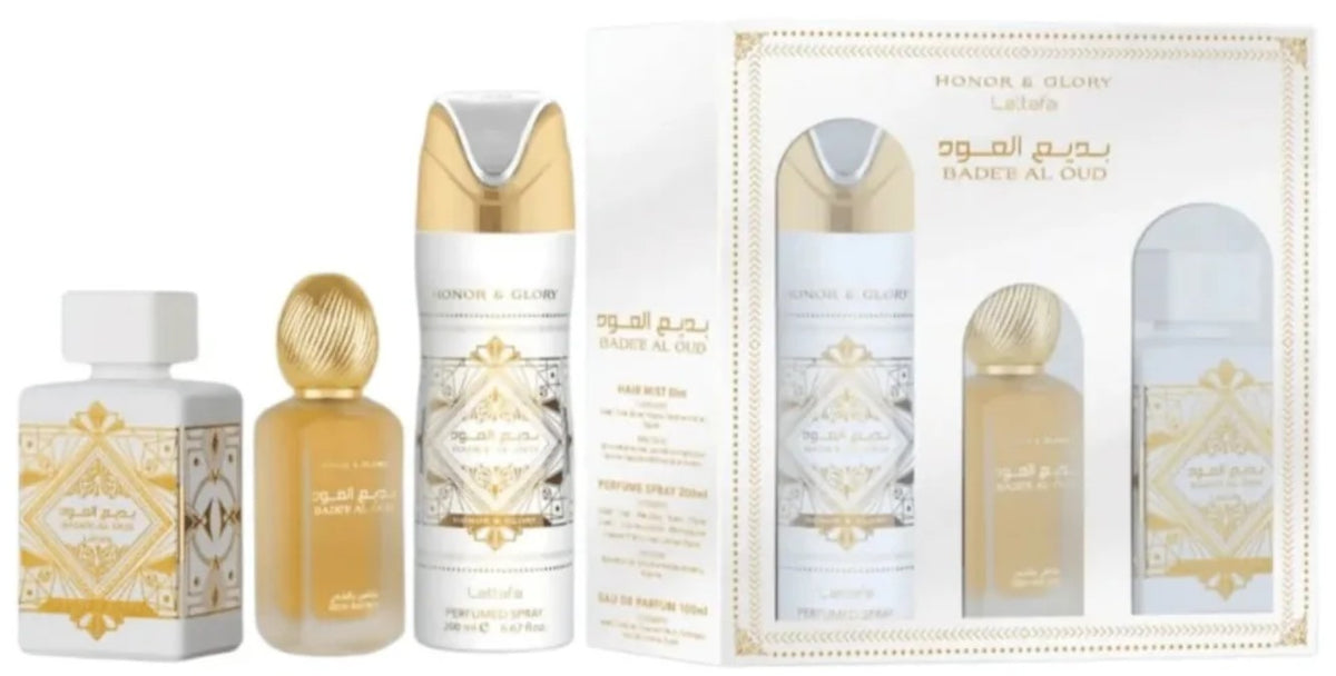 Lattafa Bade'e Al Oud Honor & Glory 3 Piece Gift Set: 100ml EDP Spray + 200ml Body Spray + 50ml Hair Mist