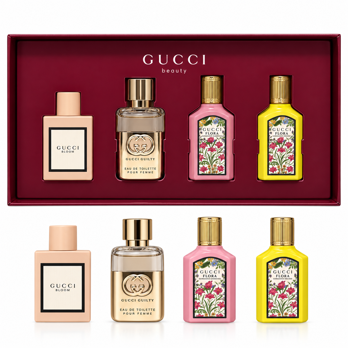 Gucci Miniature Gift Set Bloom EDP 5ml + Guilty Pour Femme EDT 5ml + Flora Gorgeous Gardenia EDP 5ml + Flora Gorgeous Orchid EDP 5ml