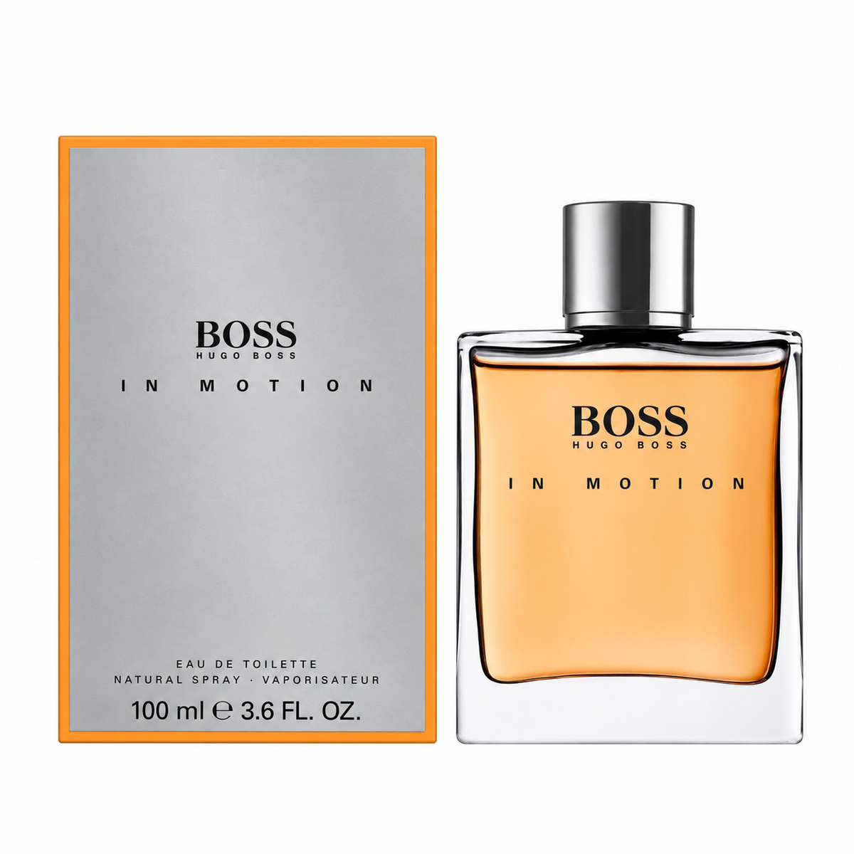 Hugo Boss In Motion Eau de Toilette bottle with amber liquid next to its silver and orange packaging box on a white background.