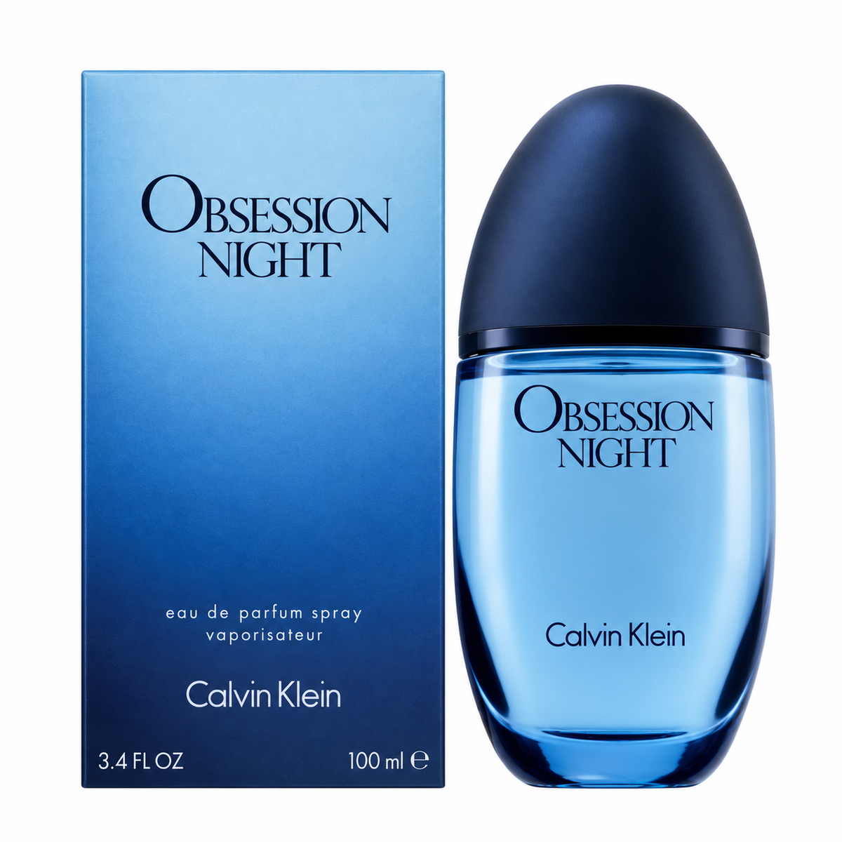 Calvin Klein Obsession Night Eau de Parfum spray bottle and its blue gradient packaging box, displayed side-by-side on a white background.