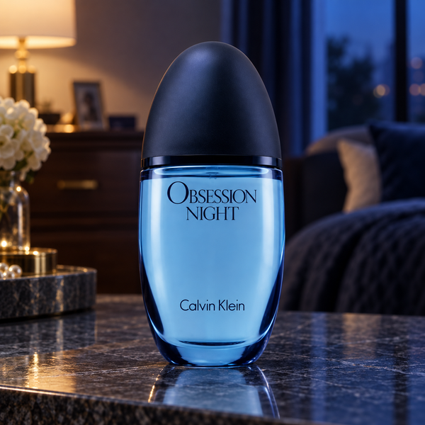 Calvin Klein Obsession Night perfume bottle in a blue glass bottle with a black cap, set on a dark marble table in a dimly lit bedroom environment.