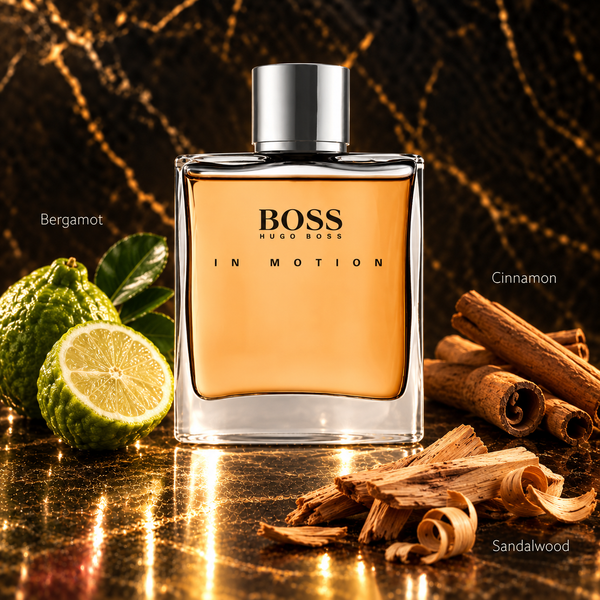 BOSS Hugo Boss In Motion fragrance bottle with amber liquid and a silver cap, centered on a dark reflective surface with Bergamot, cinnamon, and sandalwood props around it.