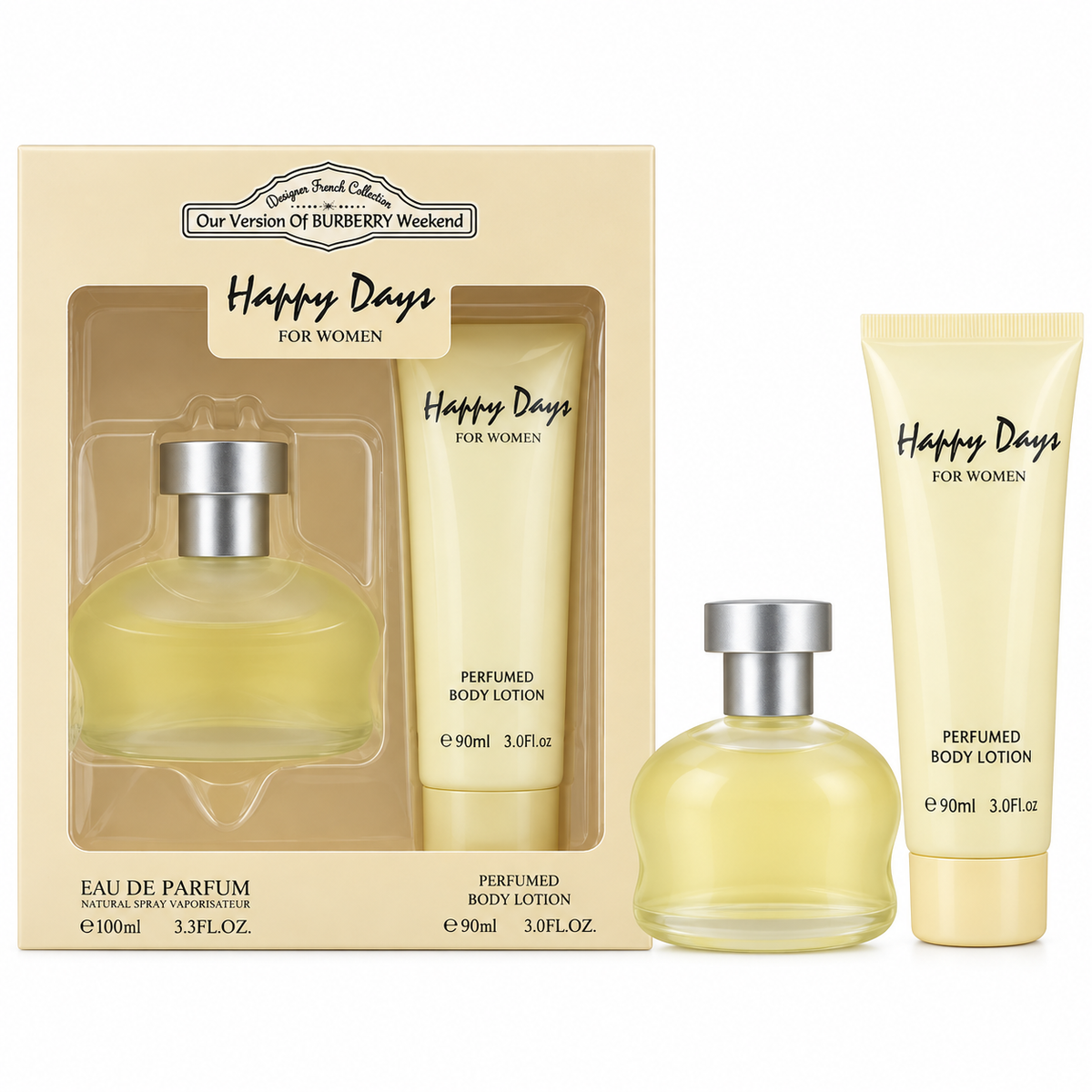 Designer French Collection Happy Days Gift Set 100ml EDP Spray + Body Lotion 90Ml