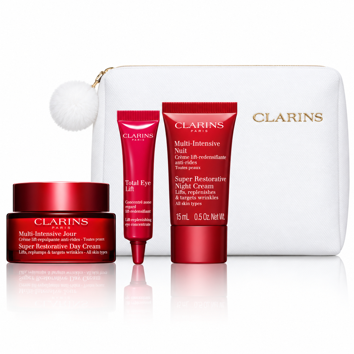 Clarins Mixed Gift Set Super Restorative Day Cream 50ml + Eye Lift Cream 7ml + Super Night Cream 15ml + Essential Care Double Serum 0.9ml
