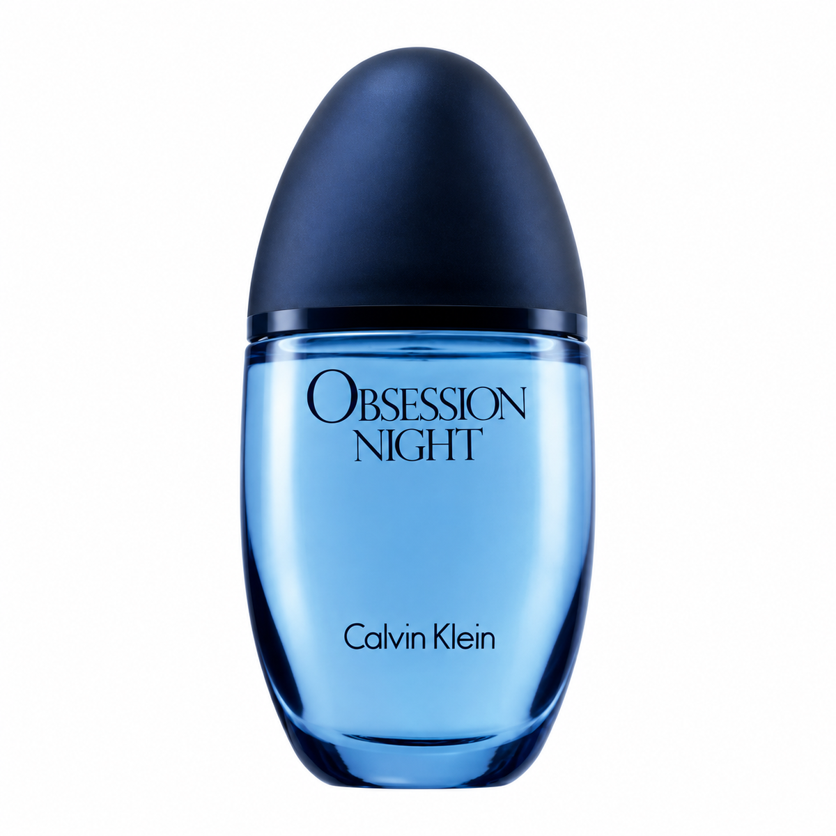 Calvin Klein Obsession Night Eau de Toilette bottle in a translucent light blue glass with a dark navy blue cap, on a solid white background.