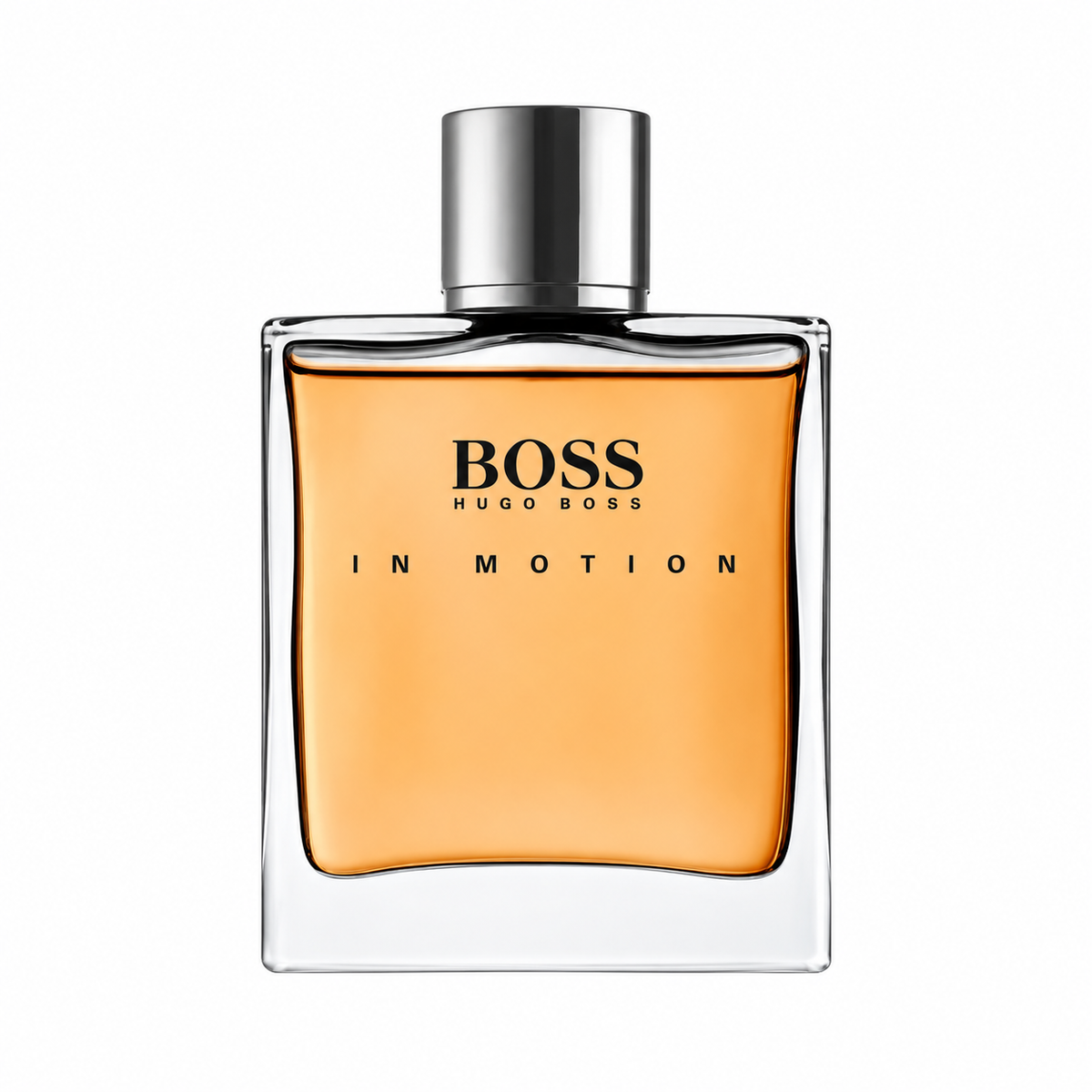 Hugo Boss In Motion Eau de Toilette bottle with amber-colored liquid, a clear glass body, and a metallic silver cap on a white background.