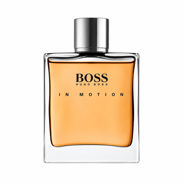Hugo Boss In Motion Eau de Toilette bottle with amber-colored liquid, a clear glass body, and a metallic silver cap on a white background.