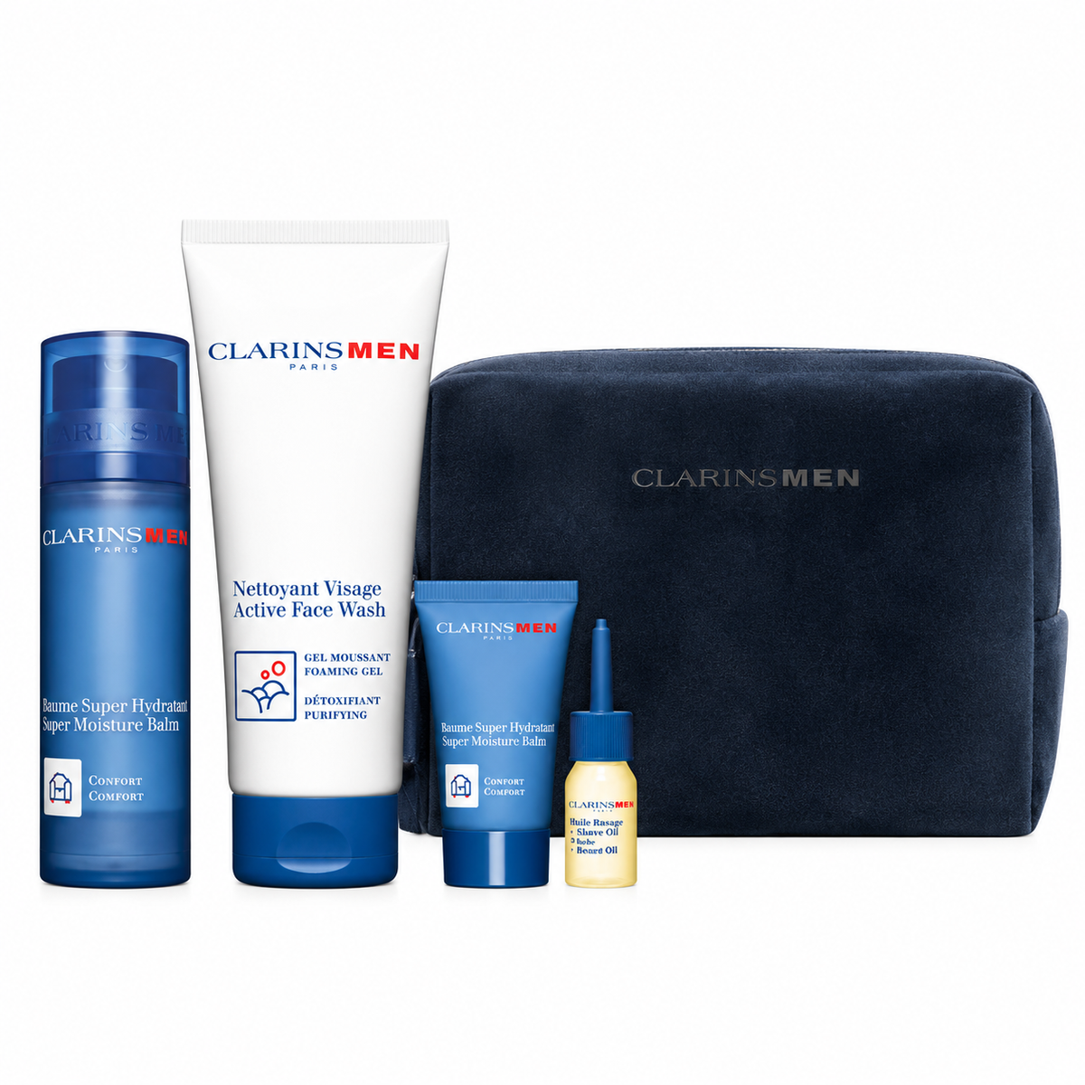 Clarins Men Gift Set Super Moisture Balm 50ml + Foaming Gel 125ml + Super Moisture Balm 12ml + Shave Oil 3ml