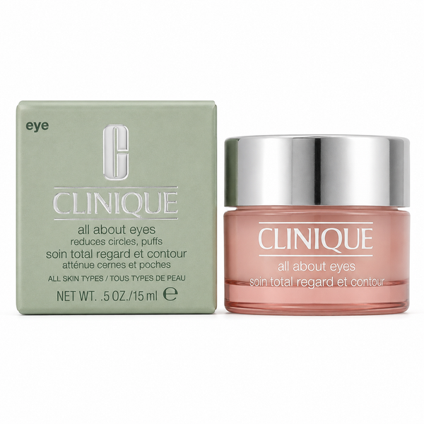 Clinique All About Eyes eye cream jar next to its green packaging box on a white background.