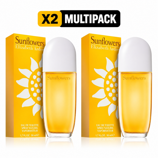 Two bottles of Sunflowers Elizabeth Arden Eau de Toilette spray with their yellow and white packaging boxes, featuring a black and yellow 'X2 MULTIPACK' banner at the top on a white background.