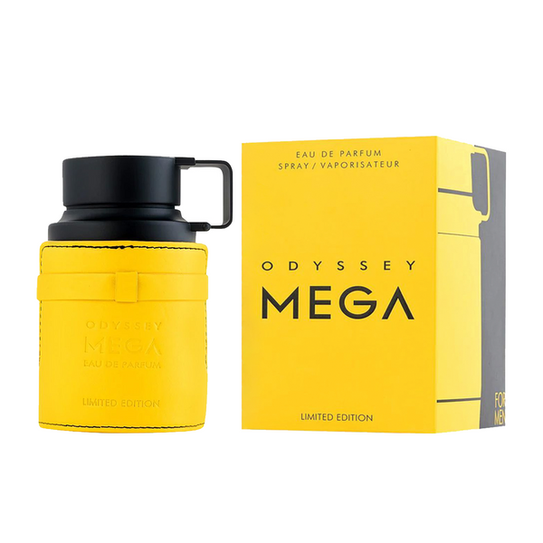 Yellow Odyssey Mega perfume bottle and packaging on a white background