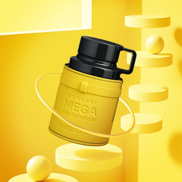 Yellow and black container with 'Odyssey Mega' text on a yellow background