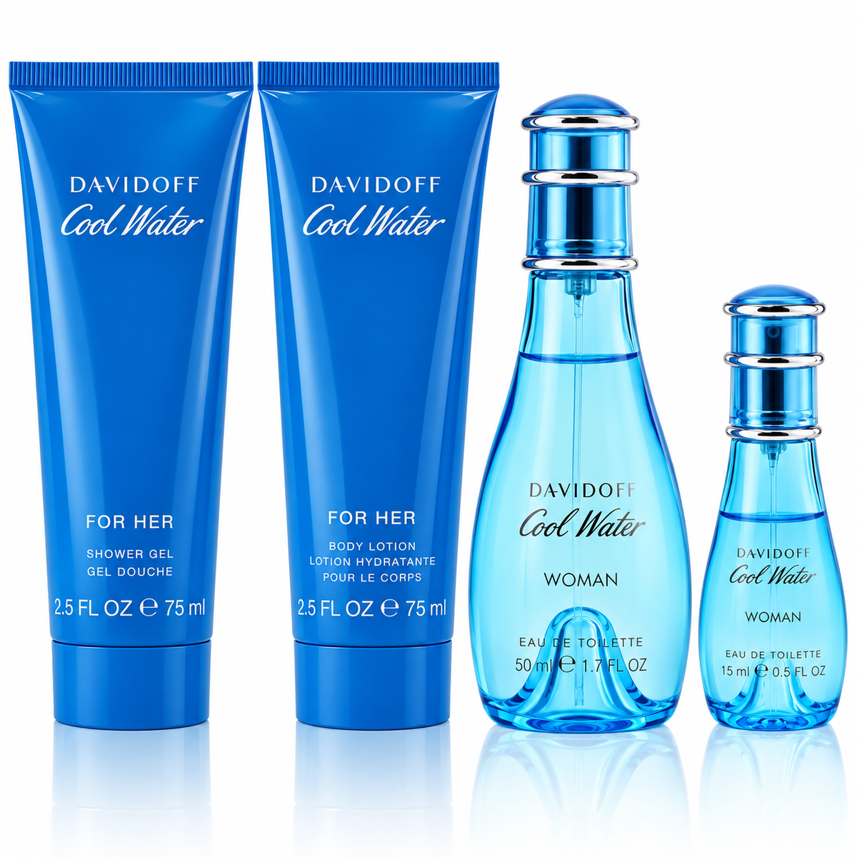 Davidoff Cool Water Woman Gift Set 50ml EDT Spray + Eau de Toilette 15ml + Body Lotion 75ml + Shower Gel 75ml