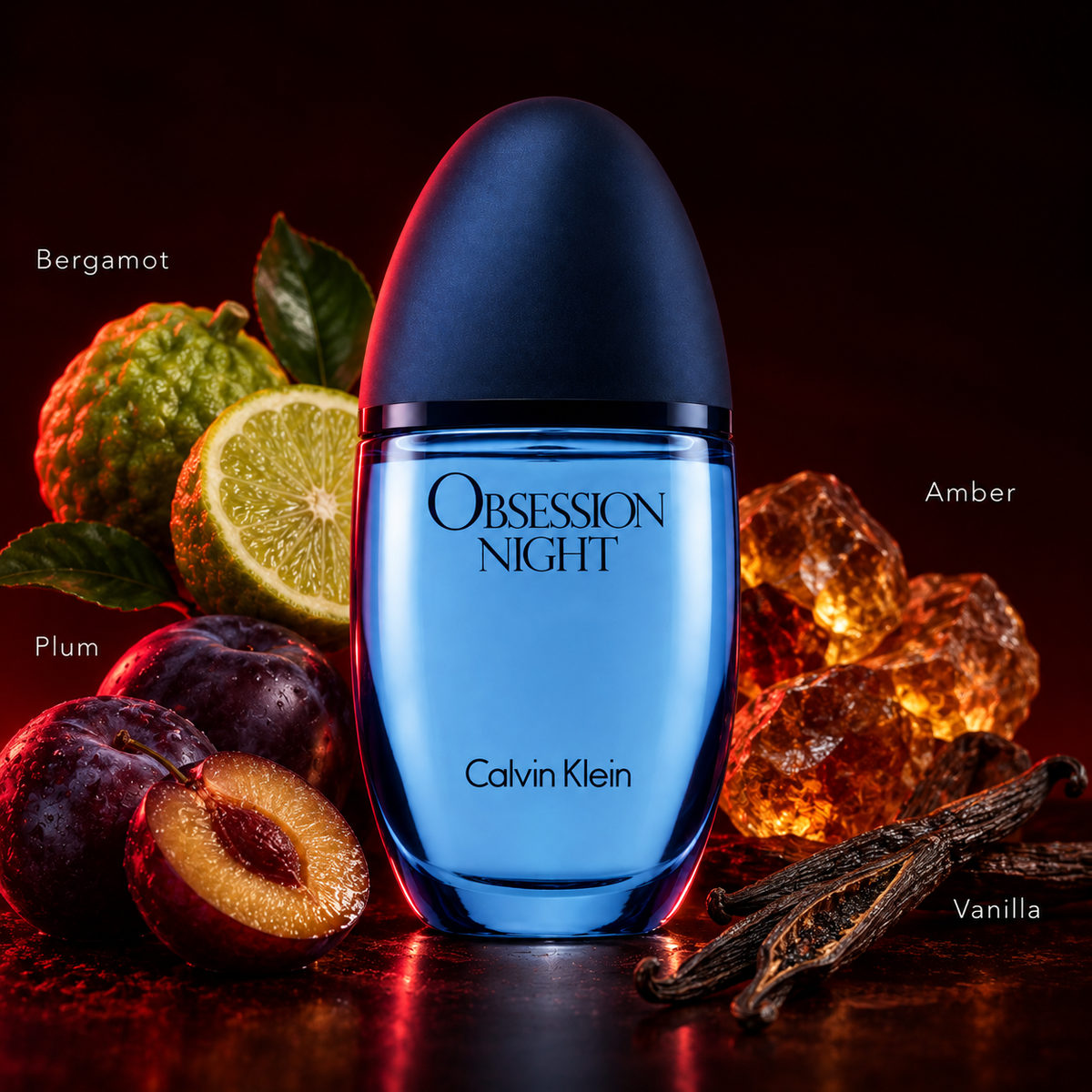 Calvin Klein Obsession Night perfume bottle in a vibrant blue glass with a dark blue cap, set against a dark background with fruit and spice props including bergamot, plums, amber, vanilla, and a lime slice. Text labels identify the scent notes.