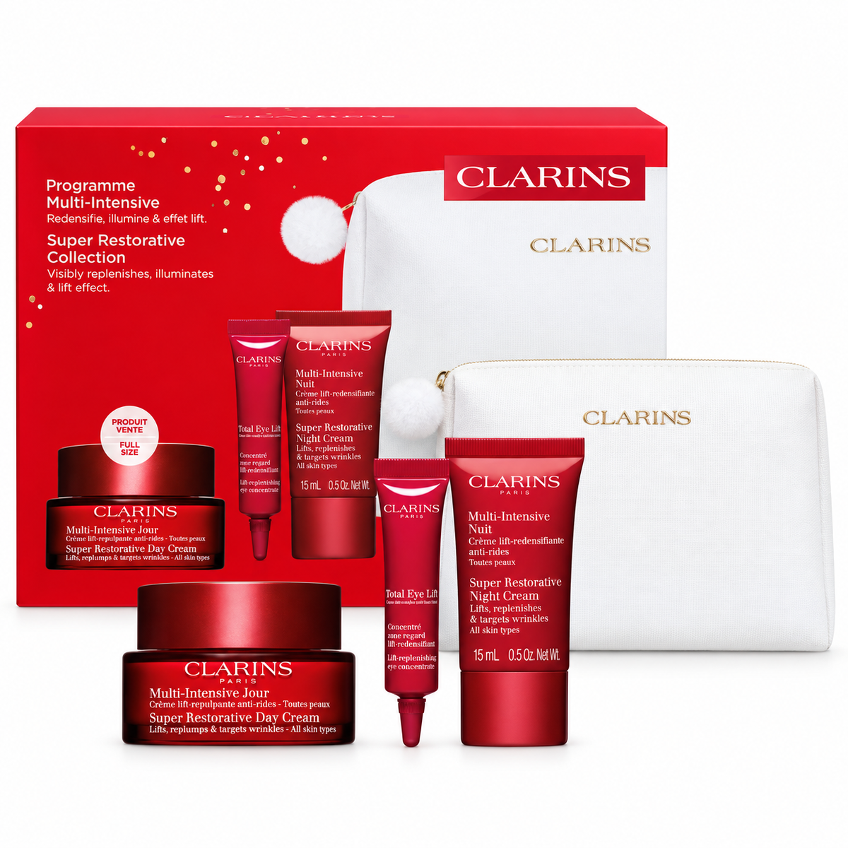 Clarins Mixed Gift Set Super Restorative Day Cream 50ml + Eye Lift Cream 7ml + Super Night Cream 15ml + Essential Care Double Serum 0.9ml