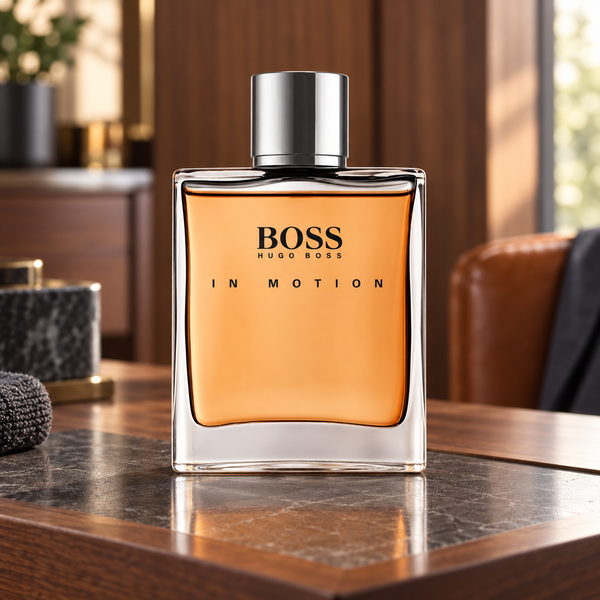 A bottle of Hugo Boss In Motion fragrance with amber-colored liquid and a silver cap, displayed on a polished wooden table in a warm, upscale interior setting.